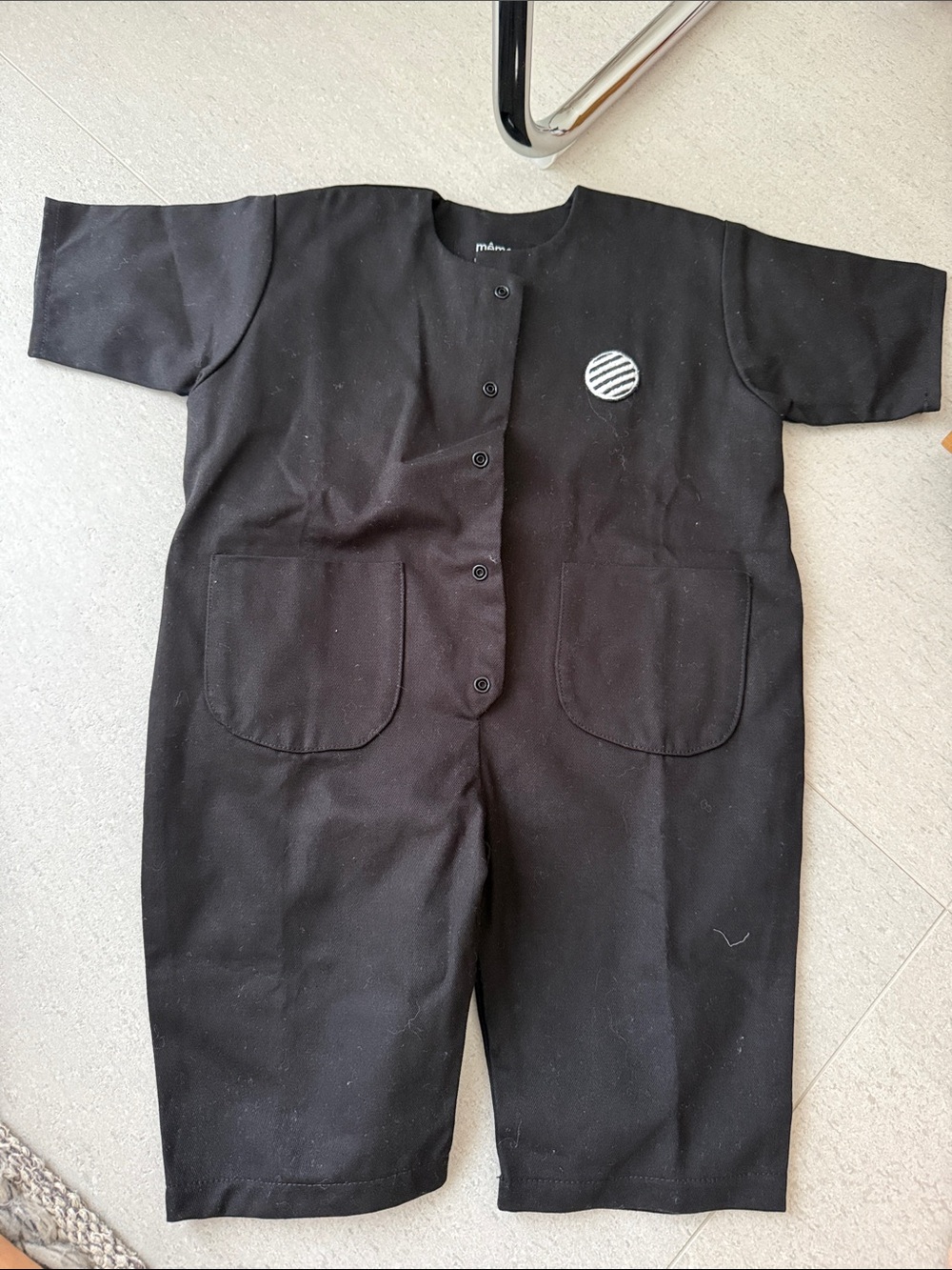 Meme Black Short-Sleeve Cotton Romper with Striped Patch